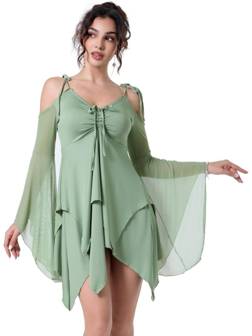 Women's Green Fairycore Off Shoulder Mesh Bell Sleeve Handkerchief Faire Cosplay
